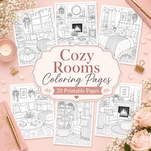 May include: A collection of 20 printable colouring pages titled Cozy Rooms, featuring black and white line art illustrations of various interior living spaces including bedrooms and living rooms with fireplaces, bookshelves, and furniture.