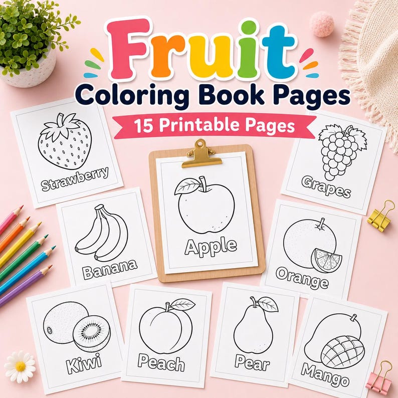 K&ouml;nnte beinhalten: Ein Set aus 15 druckbaren Obst-Malbuchseiten mit schwarz-wei&szlig;en Strichzeichnungen von Erdbeere, Banane, Apfel, Weintrauben, Orange, Kiwi, Pfirsich, Birne und Mango. Jede Seite enth&auml;lt den Namen der Frucht in fettgedrucktem schwarzem Text.