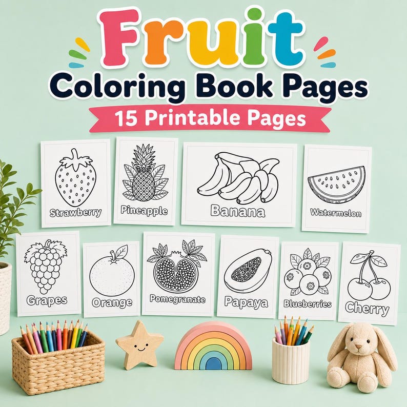 K&ouml;nnte beinhalten: Ein Set aus 15 ausdruckbaren Obst-Malbuchseiten mit schwarz-wei&szlig;en Strichzeichnungen von Erdbeeren, Ananas, Bananen, Wassermelonen, Trauben, Orangen, Granat&auml;pfeln, Papayas, Blaubeeren und Kirschen mit den jeweiligen Namen darunter.