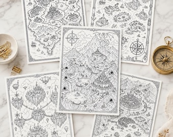 Livre de coloriage de carte fantastique : Aventure sur une île flottante, pages de coloriage de château à imprimer, téléchargement instantané