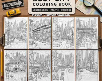 Könnte beinhalten: Ein Busy City Malbuch mit 25 Seiten, das schwarz-weiße Strichzeichnungen von Stadtszenen, Verkehr und Gebäuden enthält. Das Set umfasst acht verschiedene Stadtillustrationen, ein gelbes Spielzeugtaxi, Straßenschilder und eine Lupe.