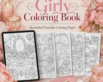 Livre de coloriage girly : mode vintage, chambre romantique et coloriages floraux, PDF à imprimer, téléchargement numérique