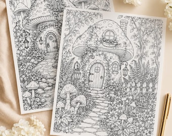 Livre de coloriage Maison Champignon Enchantée : Maisonnette Féérique Fantastique, Pages de Coloriage Fantastiques à Imprimer, Téléchargement Instantané