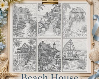 Livre de coloriage Maison de plage : Scènes côtières tropicales, cottages insulaires, pages à colorier en bord de mer, téléchargement numérique