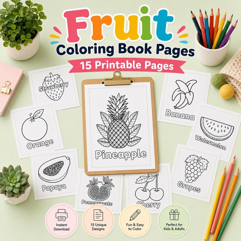 Ausmalbilder mit Früchten für Kinder | Druckbare Malvorlagen für den Kindergarten | Malbuch zum Lernen und Spaß Bild 5