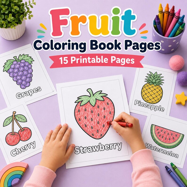 K&ouml;nnte beinhalten: Ein Set aus 15 ausdruckbaren Obst-Malbuchseiten mit Illustrationen von Weintrauben, einer Ananas, Kirschen, einer Erdbeere und einer Wassermelone. Die Seiten enthalten Textbeschriftungen f&uuml;r jede Frucht, mit einem roten Buntstift.
