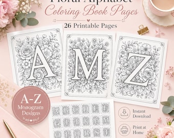 Pages de coloriage de l'alphabet floral | Lettres botaniques à imprimer de A à Z | Feuilles de coloriage de monogrammes