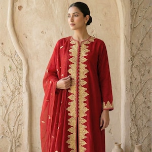 Semi-Stitched Ruby Cotton Zari Suit - Crimson Gold Tilla Embroidered Chiffon Dupatta Wedding Dress
