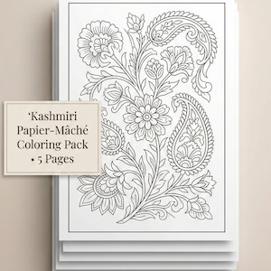 May include: A stack of white coloring pages with detailed black line art of floral and paisley patterns. The label reads: 'Kashmiri Papier-Mache Coloring Pack - 5 Pages'.