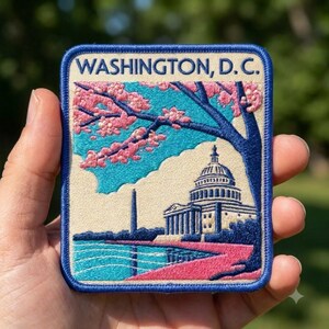 May include: A rectangular embroidered patch with a blue border featuring the text WASHINGTON, D.C. at the top. The design depicts the U.S. Capitol building, the Washington Monument, and a cherry blossom tree with pink flowers against a blue sky.