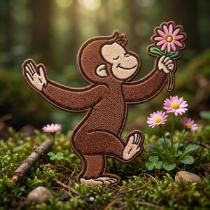 May include: Embroidered patch featuring a smiling brown monkey holding a pink flower. The monkey is walking on a bed of green moss with small pink flowers and a blurred forest background. The patch has a detailed, textured design.