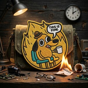 May include: An olive green messenger bag with a humorous embroidered patch featuring a cartoon dog in a burning room, holding a coffee cup. The patch includes the text "THIS IS FINE." A burning invoice and a clock are also visible.