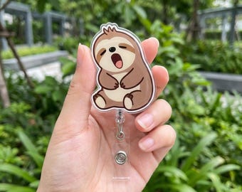 Funny Yawning Sloth Badge Reel, Sleepy Animal Acrylic ID Holder, Cute Retractable Badge Clip for Nurses and Teachers, Kawaii Office Gift
