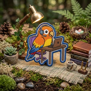 May include: Embroidered patch featuring a cartoon parrot wearing a headset and working on a laptop at a desk. The parrot is orange, yellow, and blue, with a blue border. The patch is surrounded by a miniature desk lamp, books, and a coffee mug with the letters "WFA".