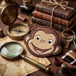 May include: A collection of vintage-themed items on a wooden surface. Includes a compass, magnifying glass, embroidered monkey patch, antique books, keys, and sewing notions. The items are arranged to evoke a sense of exploration and adventure.