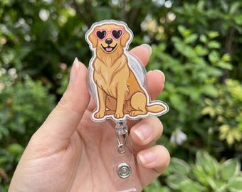 Golden Retriever Heart Sunglasses Badge Reel, Cute Dog Acrylic ID Holder, Kawaii Puppy Retractable Badge Clip, Dog Lover Nurse Gift