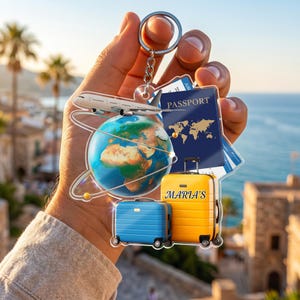 May include: A travel-themed keychain featuring a globe, airplane, passport, and two suitcases. One suitcase is yellow and the other is blue. The yellow suitcase has the name "MARIA'S" printed on it.