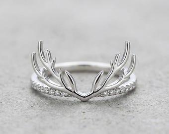Sterlingzilveren geweiring • Op de natuur geïnspireerde hertensieraden