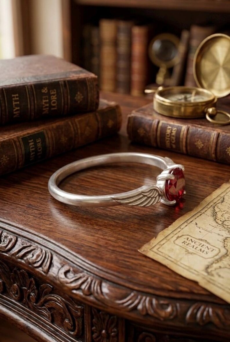 Op de afbeelding: Een zilveren armband met een rode edelsteen en vleugelaccenten. De armband ligt op een houten oppervlak met antieke boeken, een kompas en een kaart met het opschrift "Ancient Realms". Het ontwerp van de armband is gedetailleerd en elegant.