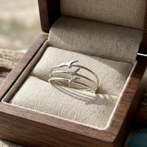 May include: A silver ring featuring three bands, each with a bird in flight design. The ring is presented in a wooden jewellery box with a beige fabric lining. The background shows a blurred view of the sea and sky.