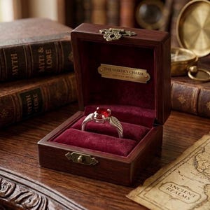Op de afbeelding: Een zilveren ring met een grote, rode edelsteen, gepresenteerd in een open, donkerhouten kistje met rode fluwelen voering. De kist heeft een messing sluiting en een plaatje met de tekst "THE SEEKER'S CHARM ANCIENT MYTHS". De ring staat tegen een achtergrond van antieke boeken en een kaart.