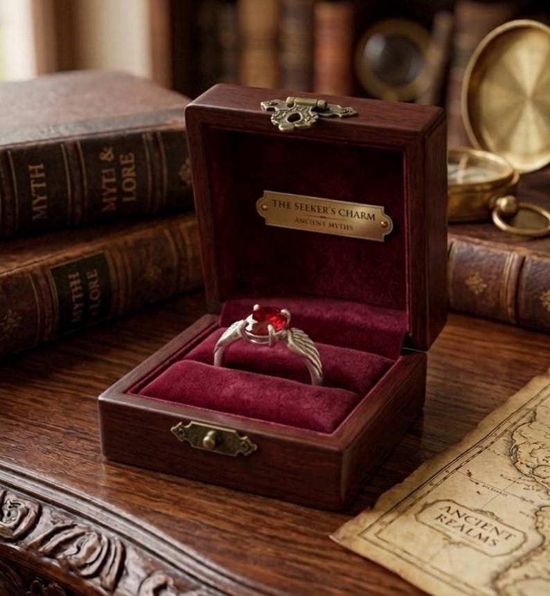 Op de afbeelding: Een zilveren ring met een grote, rode edelsteen, gepresenteerd in een open, donkerhouten kistje met rode fluwelen voering. De kist heeft een messing sluiting en een plaatje met de tekst "THE SEEKER'S CHARM ANCIENT MYTHS". De ring staat tegen een achtergrond van antieke boeken en een kaart.