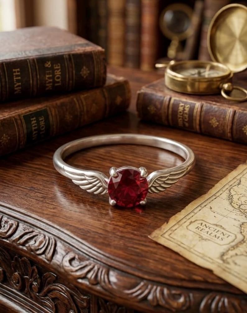 Op de afbeelding: Een zilveren ring met een grote, ronde, rode edelsteen en vleugelvormige accenten. De ring ligt op een houten oppervlak met antieke boeken, een kompas en een kaart op de achtergrond. Het ontwerp van de ring roept een fantasiethema op.