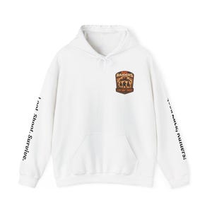 May include: White hooded sweatshirt with a front pocket and drawstring. The chest features a patch with the text "RAIDERS" and a graphic. The left sleeve reads "Loot. Shoot. Survive." and the right sleeve reads "Too lucky runners!"