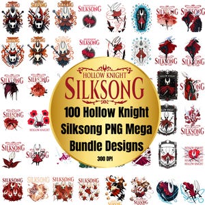 Puede incluir: Una colección de diseños PNG de Hollow Knight Silksong. La imagen presenta varias ilustraciones de personajes y símbolos del juego, con el texto "100 Hollow Knight Silksong PNG Mega Bundle Designs" en un círculo dorado.