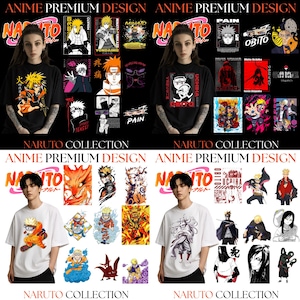 May include: A collection of Naruto anime-themed t-shirts. The shirts feature various character designs and Japanese text. The shirts are black and white. The text "ANIME PREMIUM DESIGN" and "NARUTO COLLECTION" are also visible.