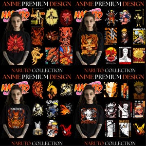 May include: A selection of black t-shirts with anime designs from the Naruto series. Each shirt showcases colourful graphics of characters and symbols, with text reading "NARUTO" and "ANIME PREMIUM DESIGN". The shirts are modelled by a person.
