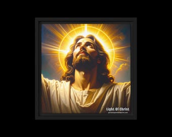 May include: A framed wall art print depicting a bearded figure with long brown hair wearing a white robe, looking upward towards a bright golden circular halo of light. The text Light Of Christ and parsonspaintandprint.com appears in the corner.