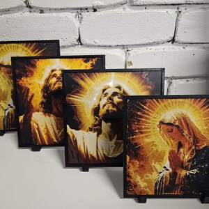 Christian layered wall art featuring Jesus, Mary and Archangels. Handmade in Queensland Australia. catholic layered wall art,3d christian wall art,3d shadow box art,prayer room decor,archangel wall display,mother mary decor,jesus wall decor,holy wall art,church wall feature,spiritual wall art,christianity handmade wall art