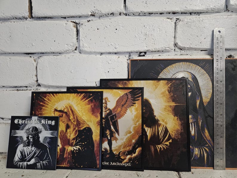Christian layered wall art featuring Jesus, Mary and Archangels. Handmade in Queensland Australia. catholic layered wall art,3d christian wall art,3d shadow box art,prayer room decor,archangel wall display,mother mary decor,jesus wall decor,holy wall art,church wall feature,spiritual wall art,christianity handmade wall art