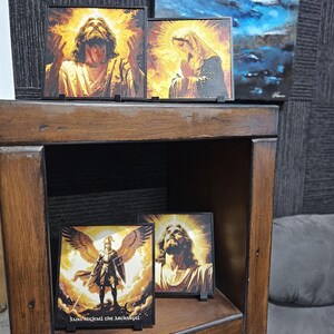 Christian layered wall art featuring Jesus, Mary and Archangels. Handmade in Queensland Australia. catholic layered wall art,3d christian wall art,3d shadow box art,prayer room decor,archangel wall display,mother mary decor,jesus wall decor,holy wall art,church wall feature,spiritual wall art,christianity handmade wall art