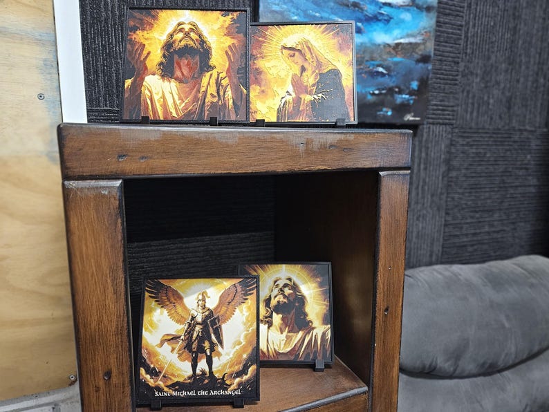 Christian layered wall art featuring Jesus, Mary and Archangels. Handmade in Queensland Australia. catholic layered wall art,3d christian wall art,3d shadow box art,prayer room decor,archangel wall display,mother mary decor,jesus wall decor,holy wall art,church wall feature,spiritual wall art,christianity handmade wall art