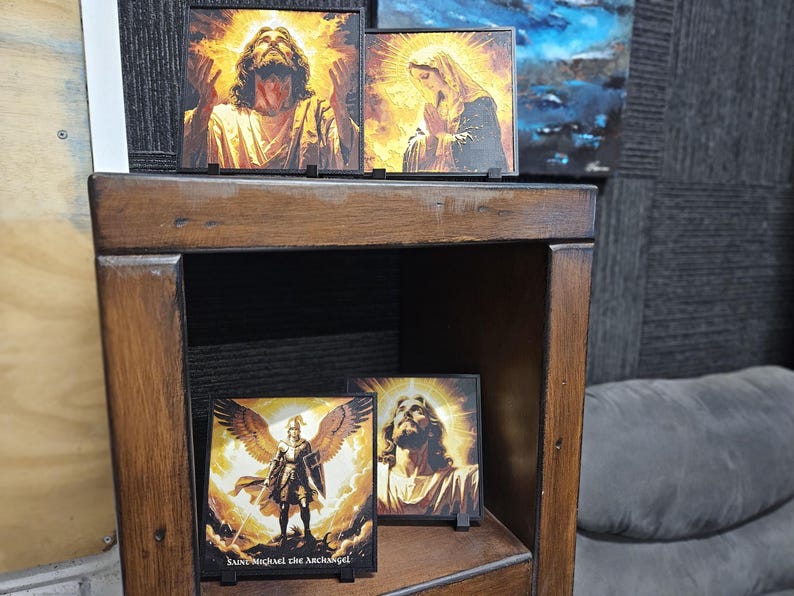 Christian layered wall art featuring Jesus, Mary and Archangels. Handmade in Queensland Australia. catholic layered wall art,3d christian wall art,3d shadow box art,prayer room decor,archangel wall display,mother mary decor,jesus wall decor,holy wall art,church wall feature,spiritual wall art,christianity handmade wall art