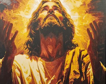May include: A religious painting showing a man with long brown hair and a beard, looking upwards with arms raised. The man is illuminated by a bright, golden light emanating from behind his head. He is wearing a yellow robe.