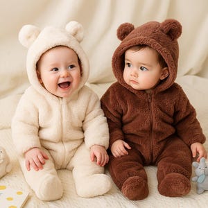Fuzzy Bär Baby Strampler | Plüsch Jumpsuit mit Kapuze