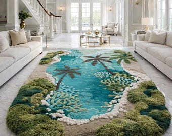 Hand Tufted Wool Rug Tropical Lagoon Design, 3D Tufted Area