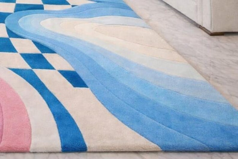 Wavy Checker Pattern Rug Hand-tufted 3D Wave Checkerboard Wool Rug - Groovy Psychedelic Area Rug ...