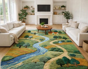 3D Moss Landscape Hand-Tufted Wool Rug - Nature Inspired Meadow & River Area Carpet
