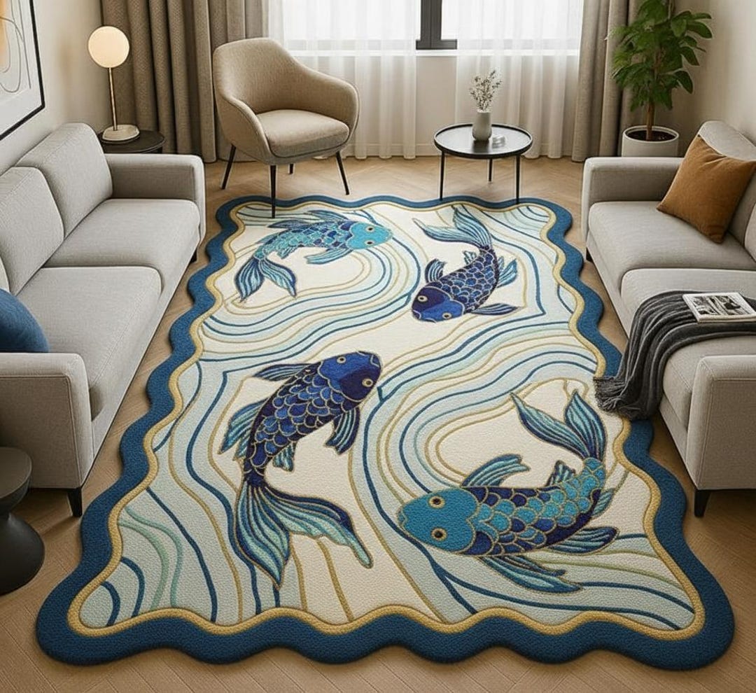 Koi Fish Rug, Blue and White Wool Area Rug, Nautical Scalloped Edge ...