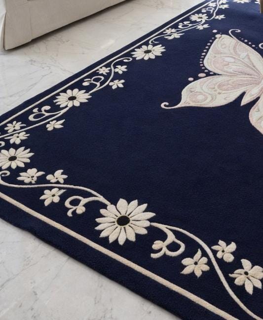 Large Navy Blue Hand Tufted Wool Rug, Butterfly Floral Area Rug - Etsy