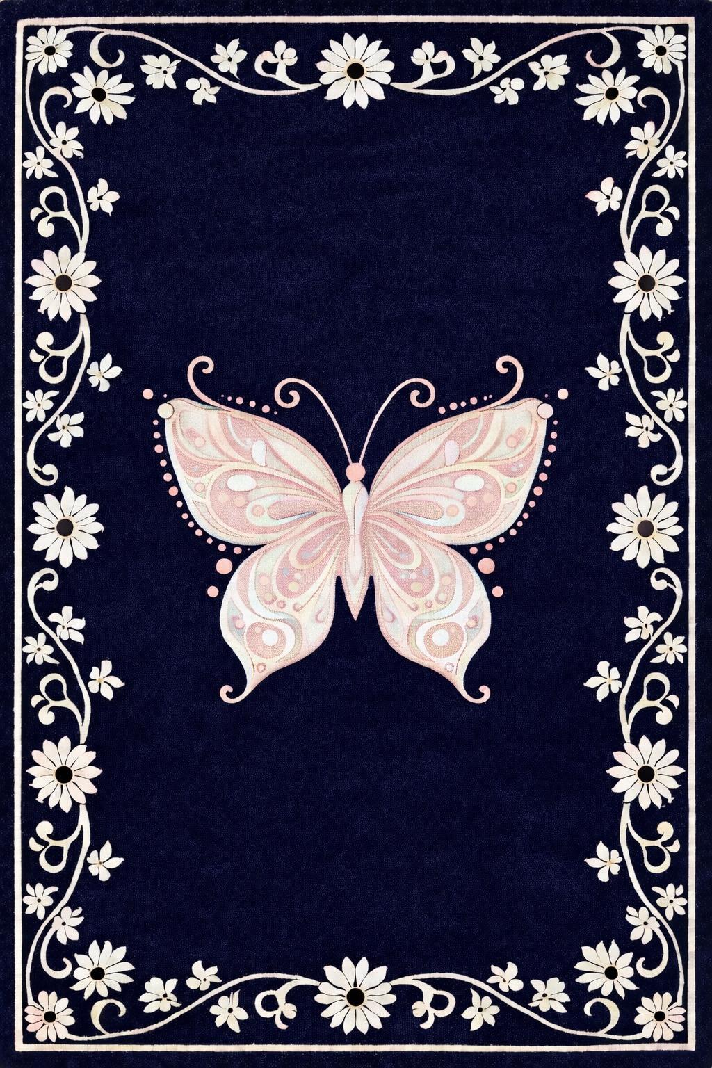 Large Navy Blue Hand Tufted Wool Rug, Butterfly Floral Area Rug - Etsy