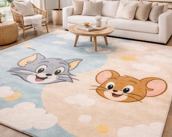 Alfombra de lana tejida a mano inspirada en Tom y Jerry, alfombra de dibujos animados para habitación infantil.