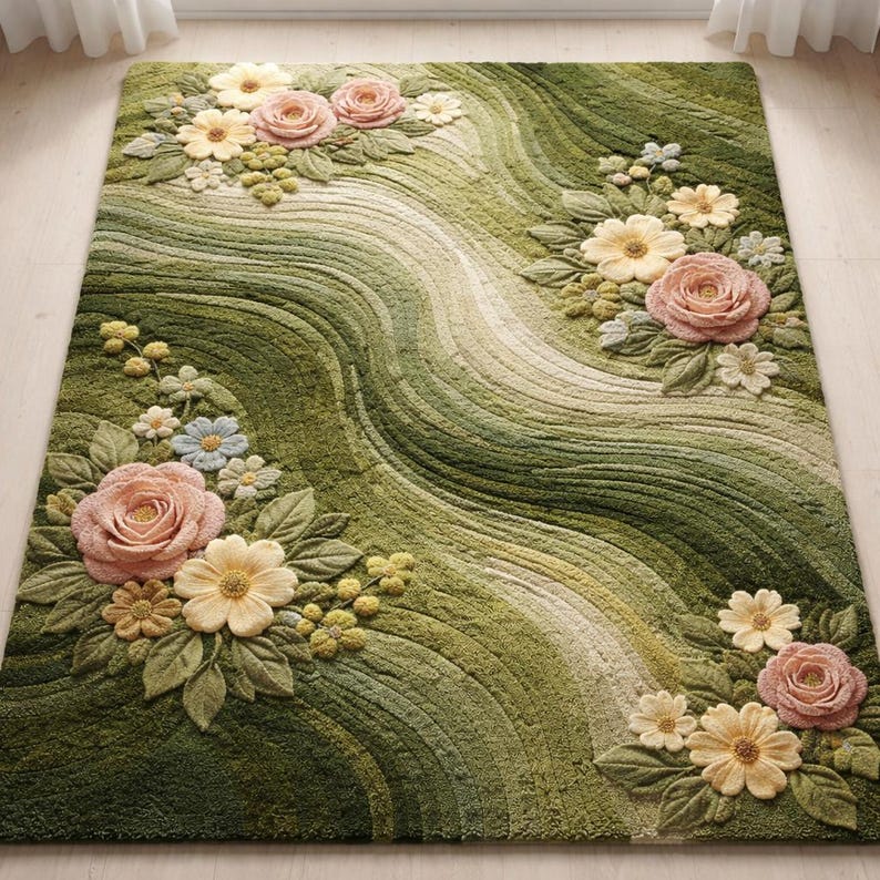 May include: Green floral area rug with a wavy design. The rug features raised floral accents in shades of pink, yellow, and white, with green leaves and accents. The rug's background has a textured, wavy pattern in varying shades of green.