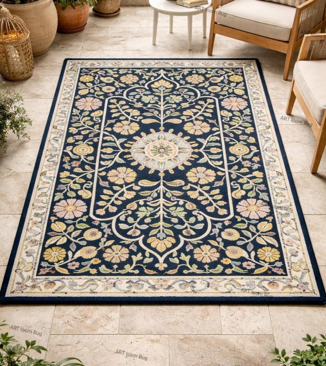 Hand Tufted Wool Rug - Navy Blue Floral Medallion Area Rug ...
