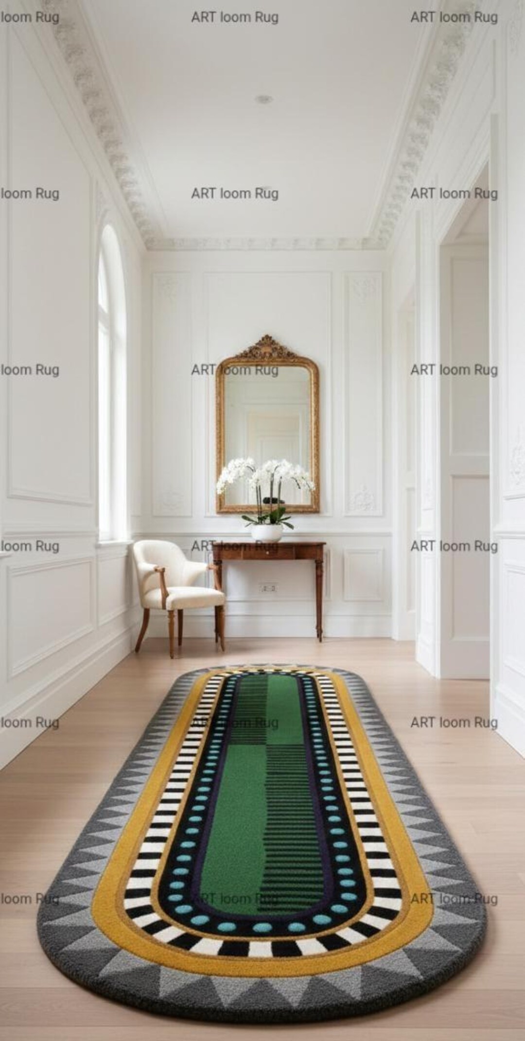 Hand Tufted Wool Rug - Modern Geometric Hallway Runner - Green and Gold ...