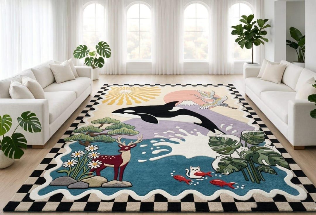 Wool Abstract Animal Pattern Rug Hand Tufted Wool Rug, Modern Animal Art Rug, Whale Deer Nature Design ...